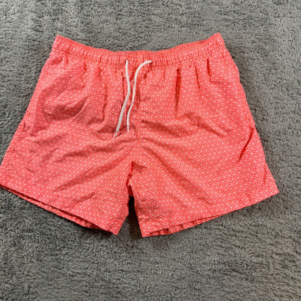 HM Mens Swim Trunks Large Coral Pink Geometric Honeycomb Mesh Lined Drawstring